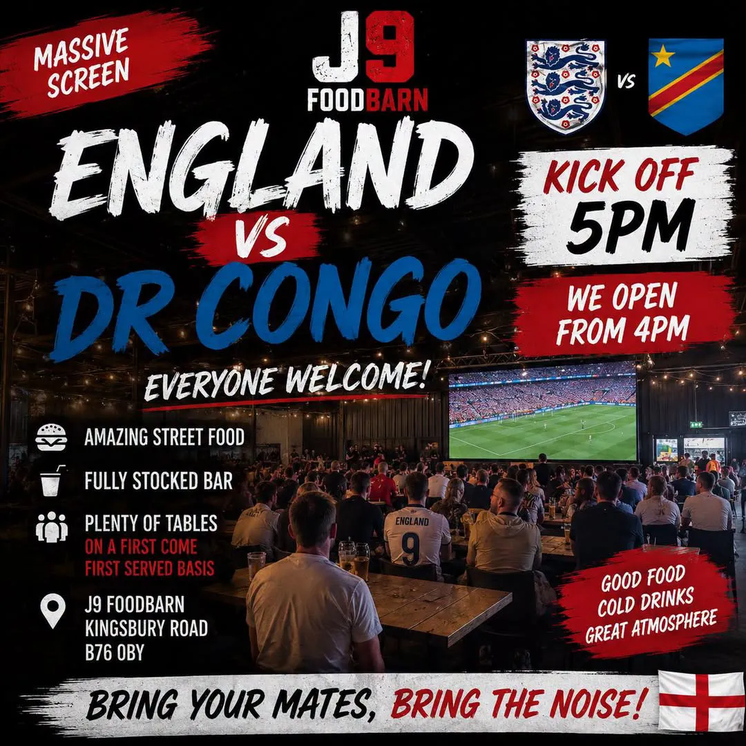 England vs DR Congo Live at J9 FoodBarn – Wednesday 1st July